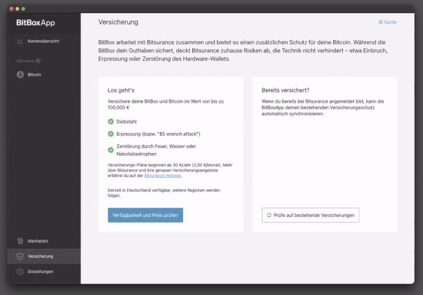 Bitsurance-Bereich in der BitBox App