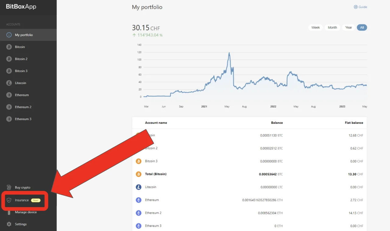 Bitsurance-Bereich in der BitBox App