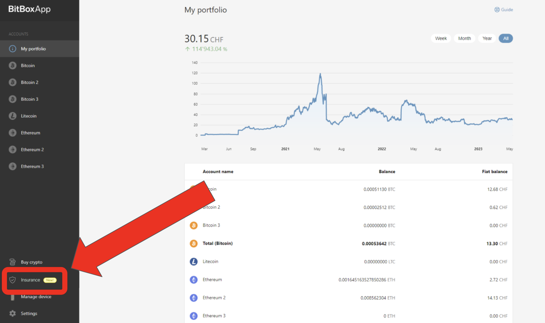 Bitsurance-Bereich in der BitBox App